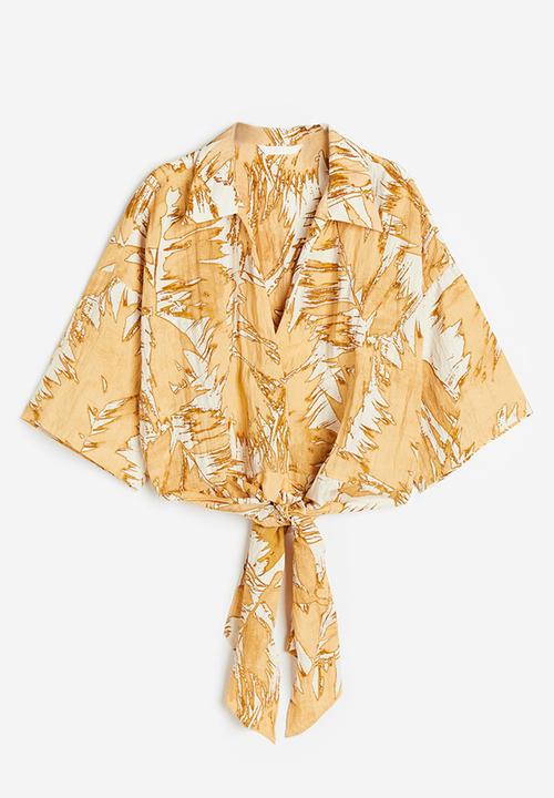 H&M - Tie-detail blouse - cream beige patterned