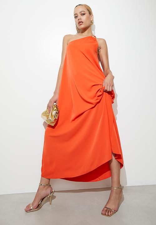 VELVET - Asymmetric satin kaftan dress with trim detail - orange