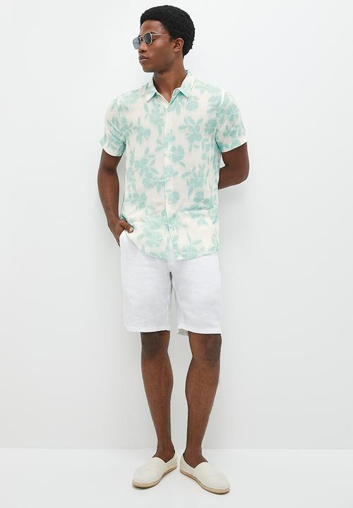 GUESS - Short sleeve eco rayon shirt - Shadowbox floral antigua teal