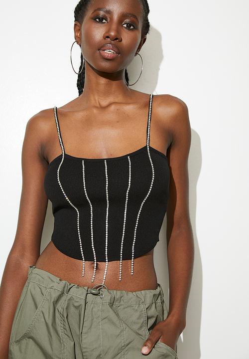 Strappy rhinestone top - black