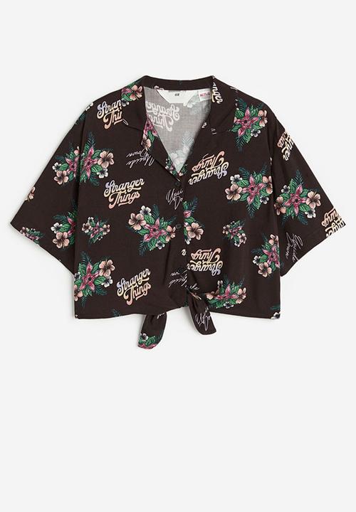 H&M - Tie-detail printed blouse - black stranger things