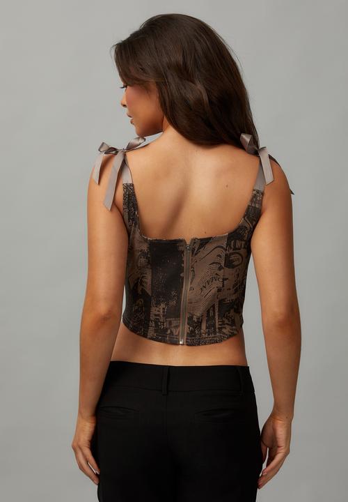 Denim Ribbon Corset - Neutral/Newspaper Collage