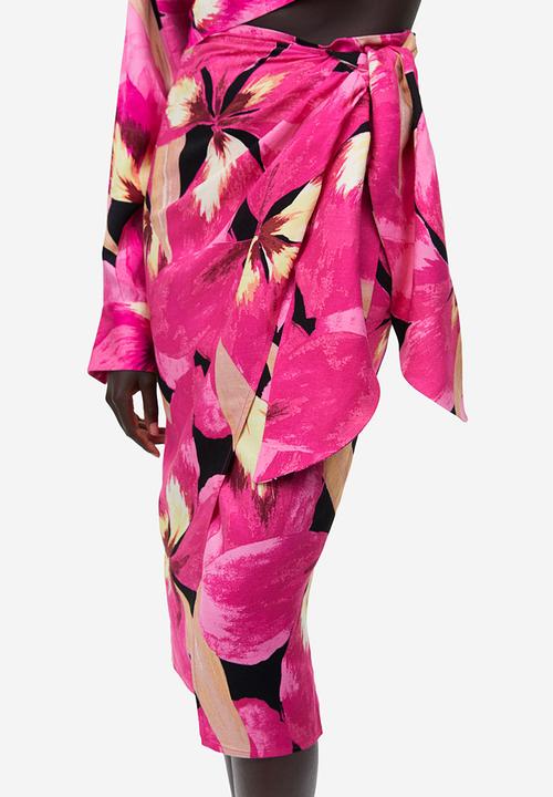 H&M - Linen-blend wrapover skirt - cerise orchids