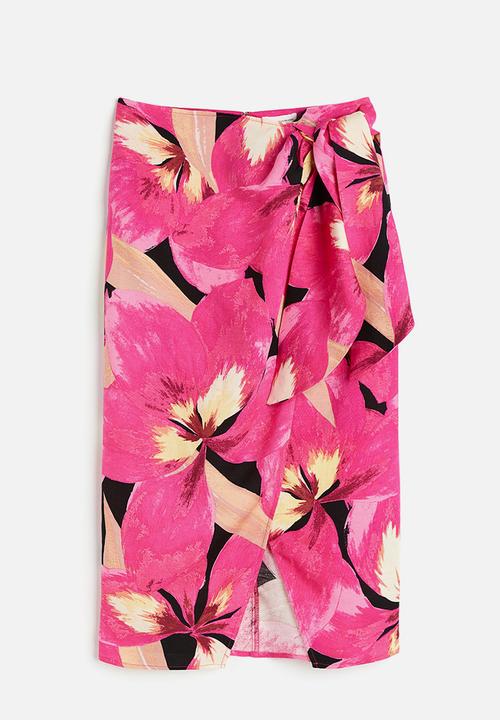 H&M - Linen-blend wrapover skirt - cerise orchids