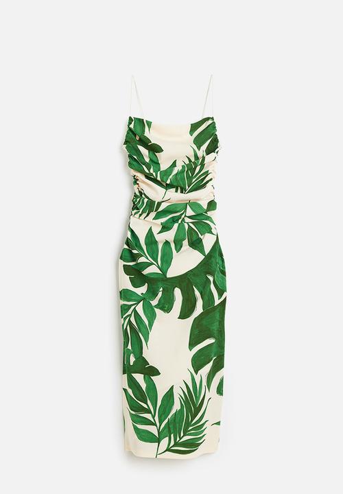 H&M - Draped bodycon dress - light beige/green leaves
