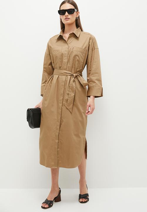 POLO - Womens long sleeve cotton dress - camel