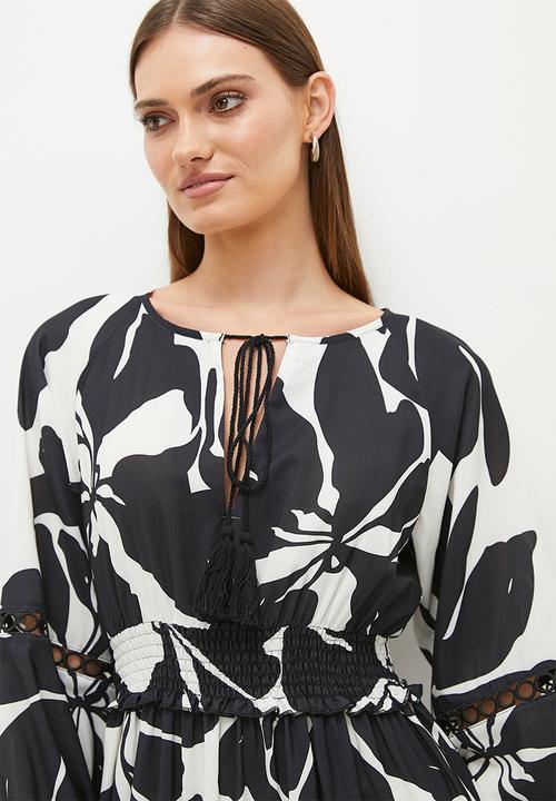 edit - Shirring waist boho maxi dress - black & white