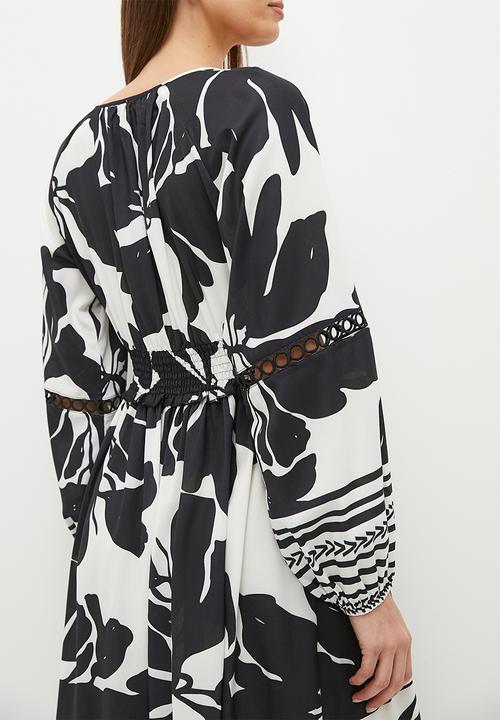 edit - Shirring waist boho maxi dress - black & white