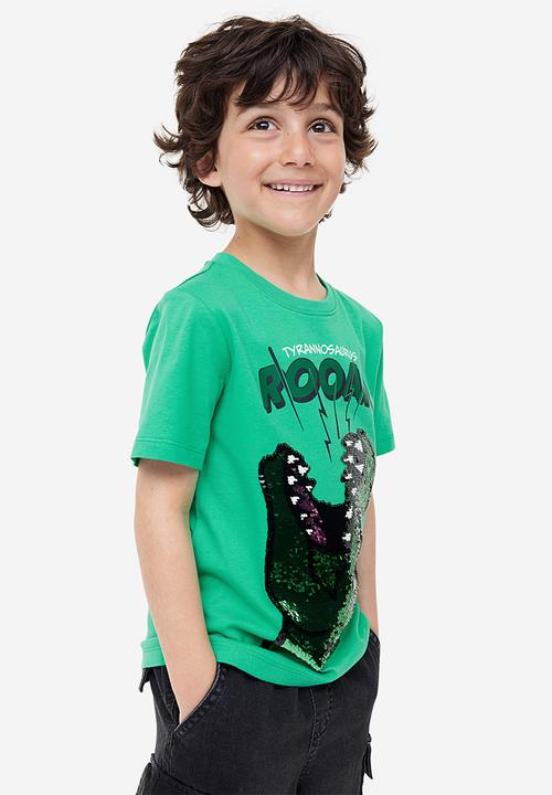 H&M - Reversible sequin T-shirt - bright green dinosaur
