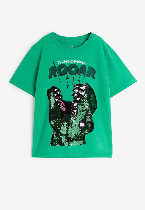 H&M - Reversible sequin T-shirt - bright green dinosaur