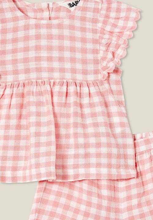 Cotton On - Bessy flutter sleeve top and short set - coral dreams/vanilla benny gingham