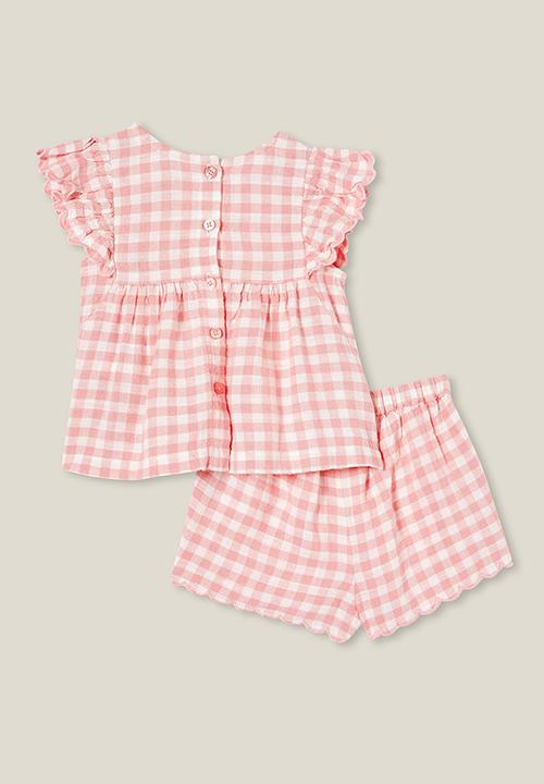 Cotton On - Bessy flutter sleeve top and short set - coral dreams/vanilla benny gingham
