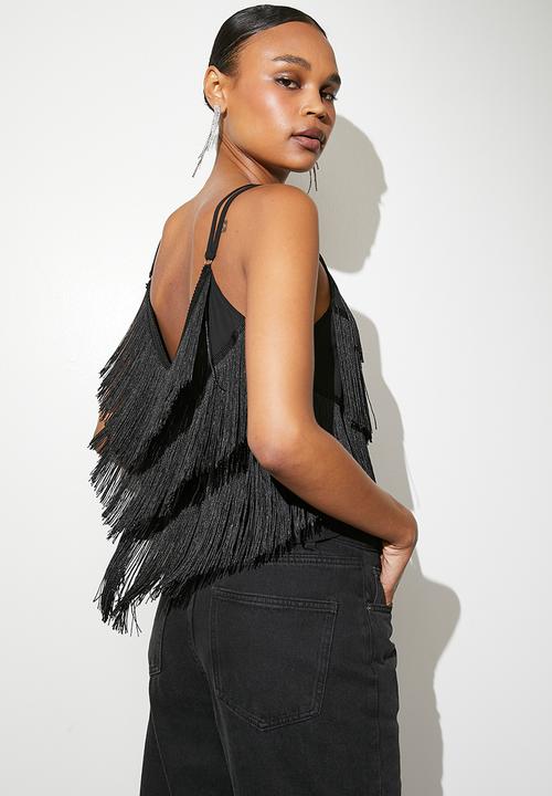 VELVET - Fringe cropped cami - black