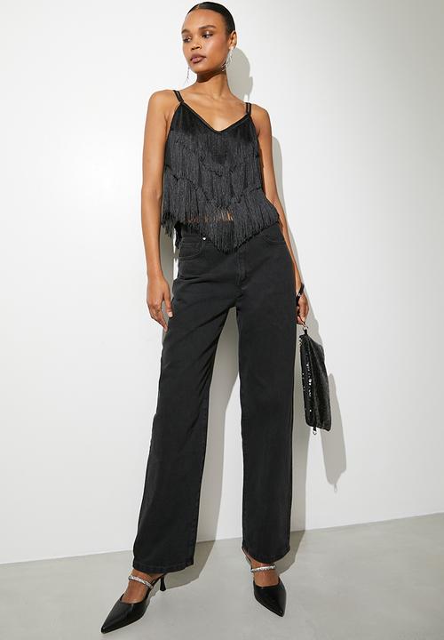 VELVET - Fringe cropped cami - black
