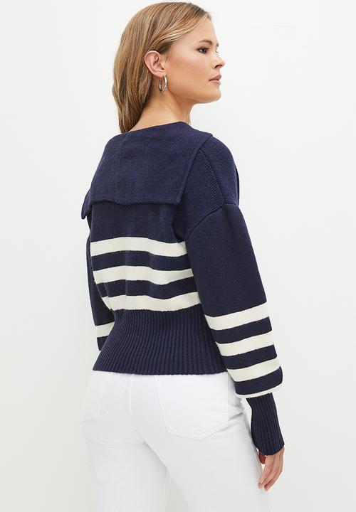dailyfriday - Stripped knit zip up cardi - navy & ecru