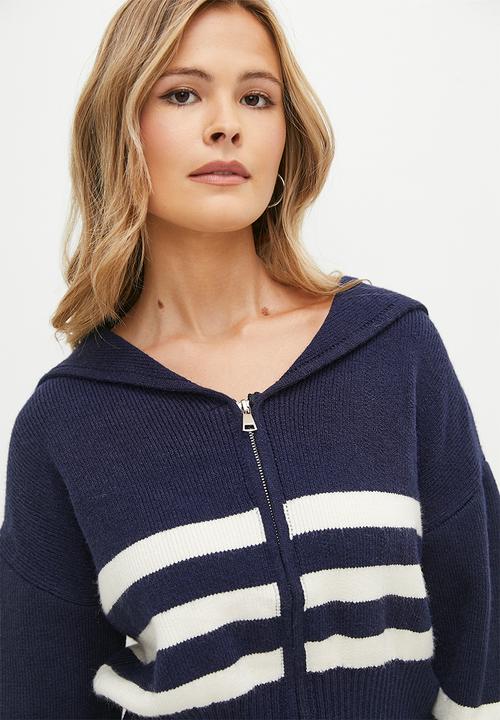 dailyfriday - Stripped knit zip up cardi - navy & ecru