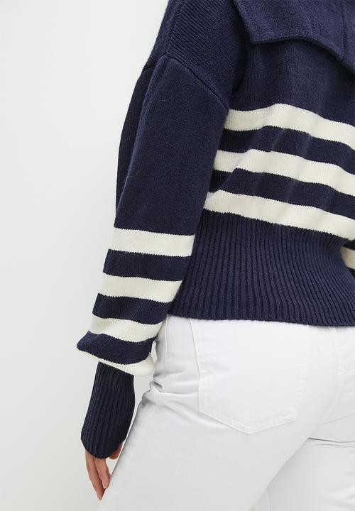dailyfriday - Stripped knit zip up cardi - navy & ecru
