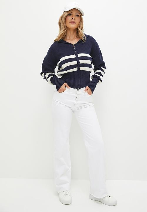 dailyfriday - Stripped knit zip up cardi - navy & ecru
