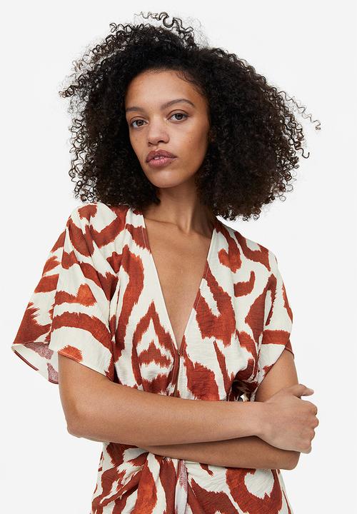 H&M - V-neck dress - cream brown patterned