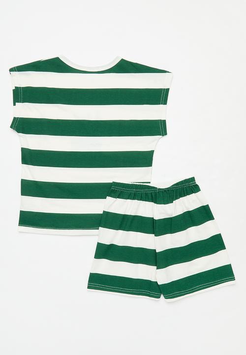 Pop Candy - Striped tee & short set - green & white