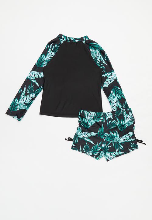 Pop Candy - 2 Piece long sleeve swim set - green & black 