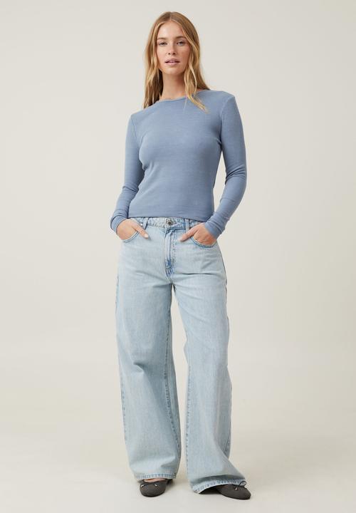 Cotton On - The One Organic Rib Crew Long Sleeve Top - Washed Elemental Blue