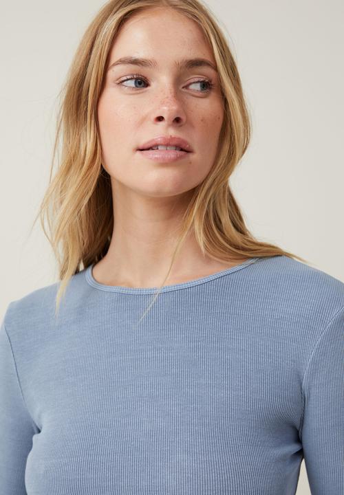 Cotton On - The One Organic Rib Crew Long Sleeve Top - Washed Elemental Blue