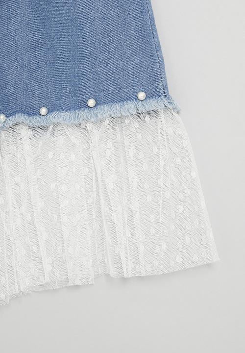 Pop Candy - Mesh and denim skirt - stonewash & white