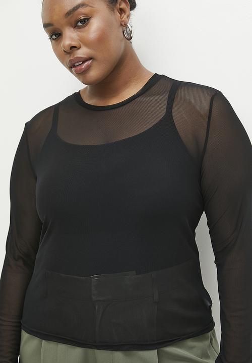 Me&B - Plus Mesh long sleeve basic with Sequin Square - Black