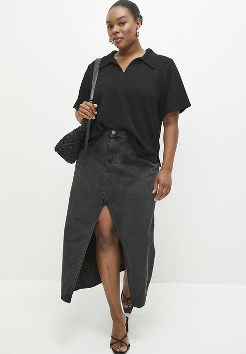 Me&B - Plus Collared Crochet Top - Black