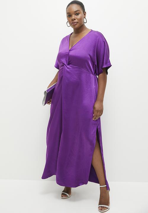 Me&B - Plus Knot Detail Kaftan Dress in Satin - Purple