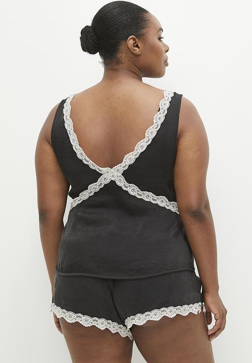 Cotton On - Plus Staycay Lace Trim Cami Set - Black