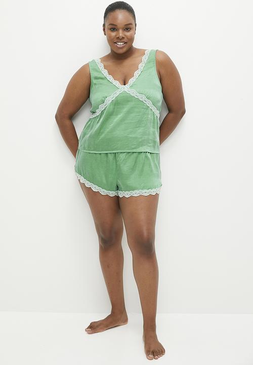 Cotton On - Plus Staycay Lace Trim Cami Set - Misty Jade