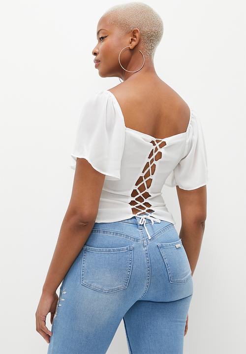 SISSY BOY - All Tied Up: Cropped Top With Elasticated Waist And Flared Short Sleeve - Off White