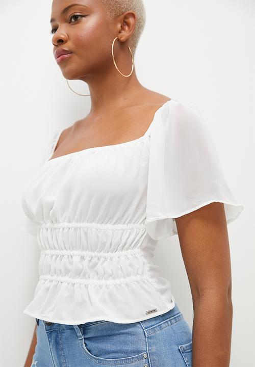 SISSY BOY - All Tied Up: Cropped Top With Elasticated Waist And Flared Short Sleeve - Off White