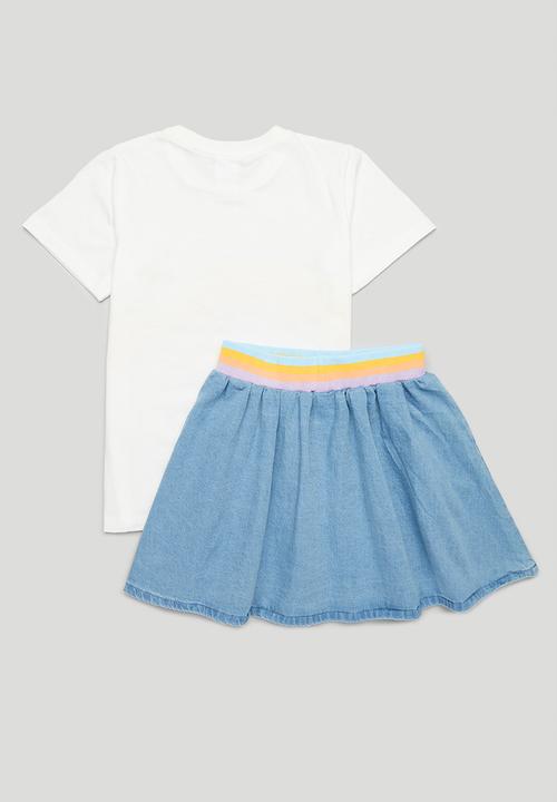 Pop Candy - Printed tee and skirt set - white & blue