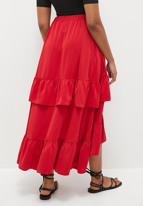 MILLA - Ruffle midi skirt - red