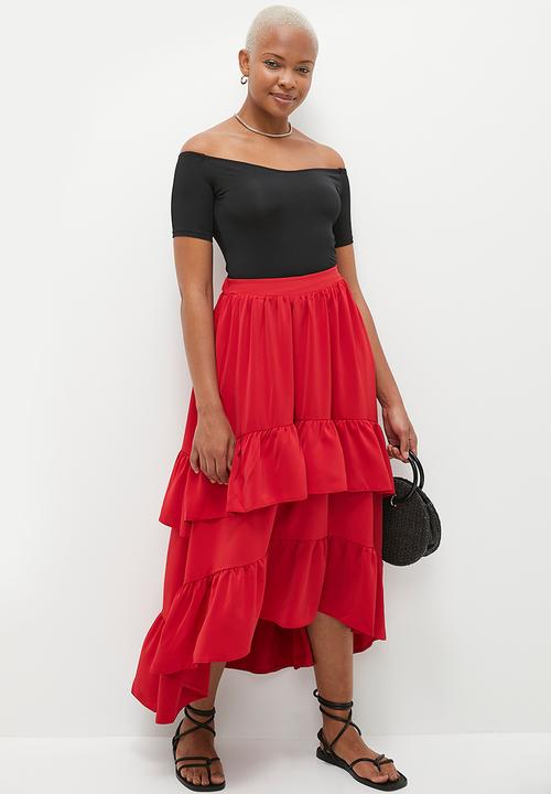 MILLA - Ruffle midi skirt - red