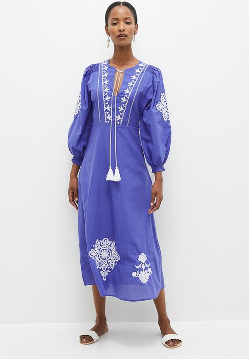 Boho embroidery midi dress - blue & white