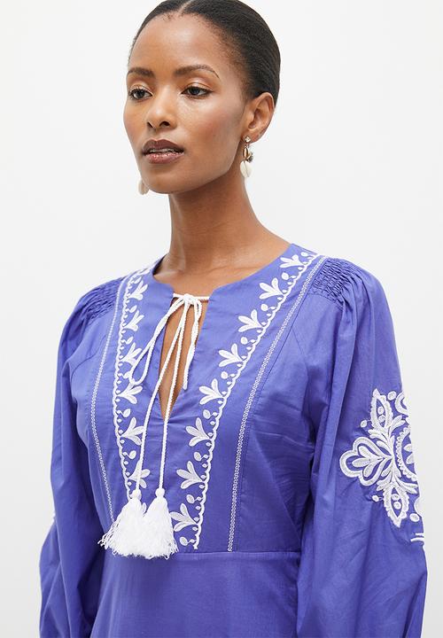 sachin and babi light blue dress Embroidered Monsoon Boho Dress Aztec Print And Embroidered Short Dress Ivory main image 1