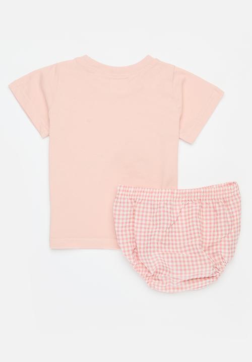 Pop Candy - Printed tee and plaid bloomer set - pink 