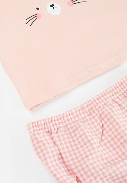 Pop Candy - Printed tee and plaid bloomer set - pink 