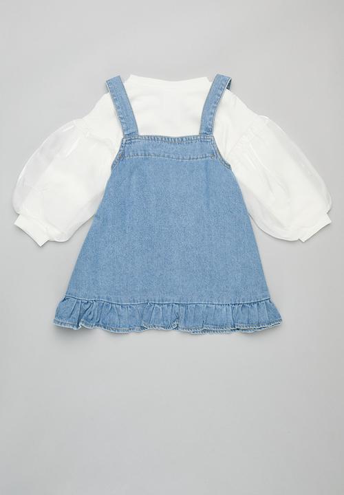 Pop Candy - Dungaree dress and top set - white & blue