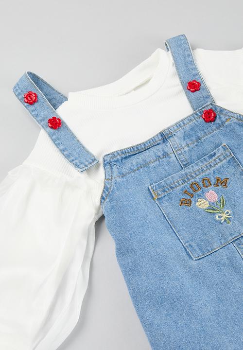 Pop Candy - Dungaree dress and top set - white & blue