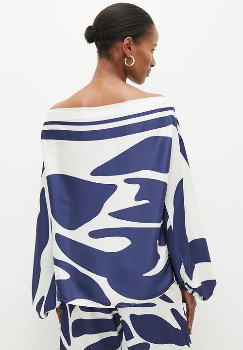 edit - Off the shoulder balloon sleeve blouse - blue & white 