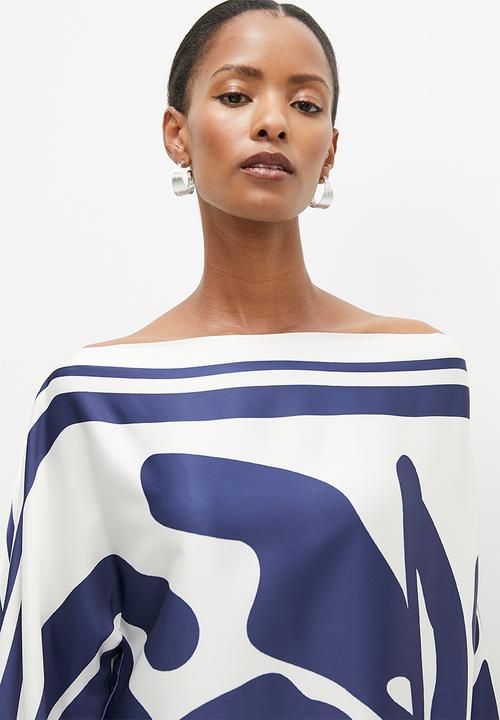 edit - Off the shoulder balloon sleeve blouse - blue & white 