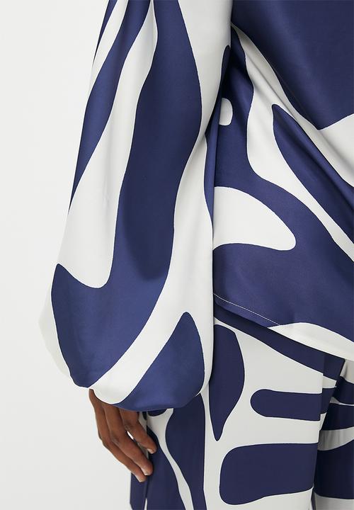 edit - Off the shoulder balloon sleeve blouse - blue & white 