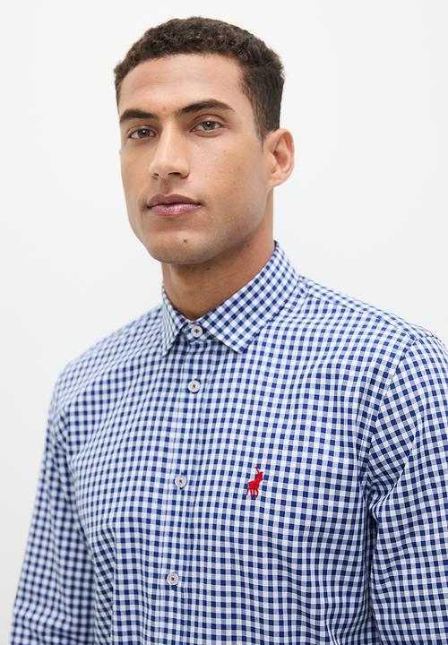 POLO - Mens gingham long sleeve shirt - blue
