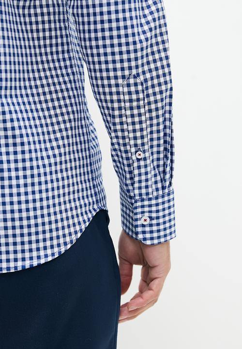 POLO - Mens gingham long sleeve shirt - blue