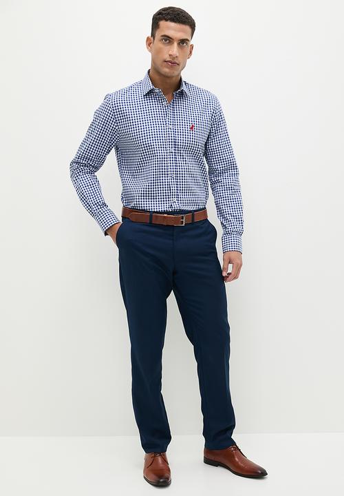 POLO - Mens gingham long sleeve shirt - blue